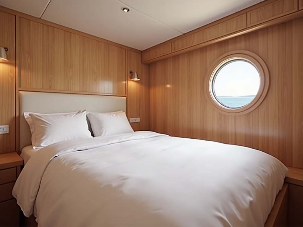 Simple wood-panelled liveaboard cabin with a porthole overlooking the sea