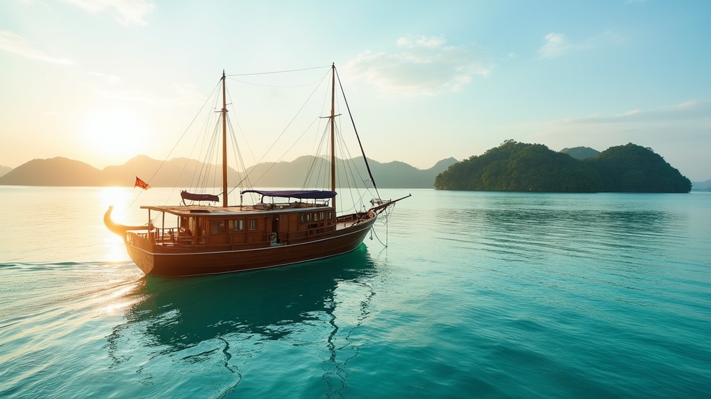 Wooden liveaboard dive boat anchored in a calm turquoise Raja Ampat lagoon at golden hour